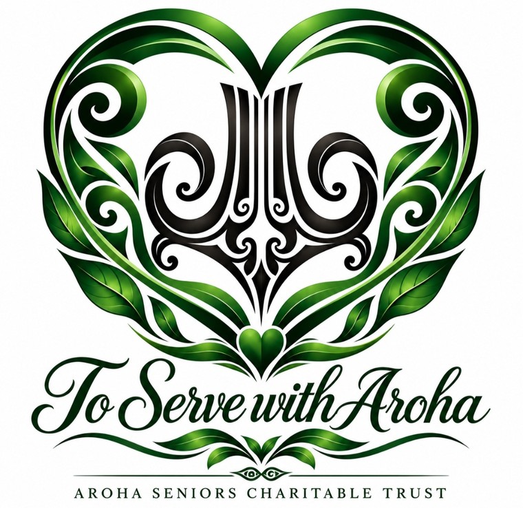 Aroha Seniors Charitable Trust logo: a heart of green leaves around a carved design, with the words To Serve with Aroha